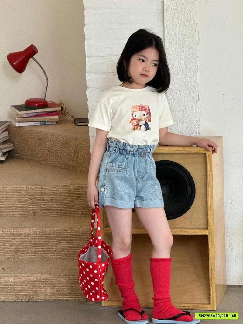 ÁO THUN KITTY MIX SHORT JEANS ĐÍNH ĐÁ