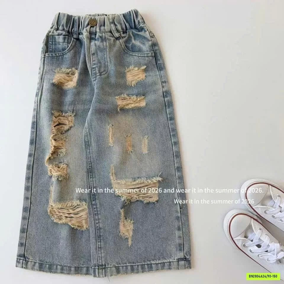 ÁO LỆCH VAI MIX JEANS SUÔNG RÁCH T&QKIDS
