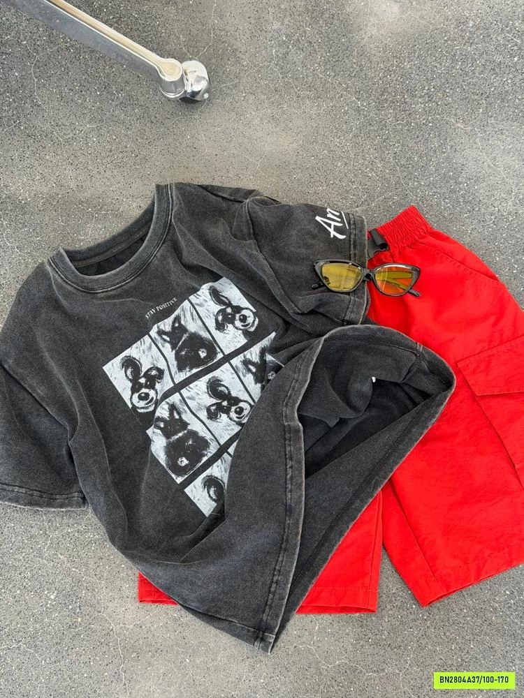 ÁO THUN ĐEN BẠC MÀU IN CÚN CON 26B158 AMBB