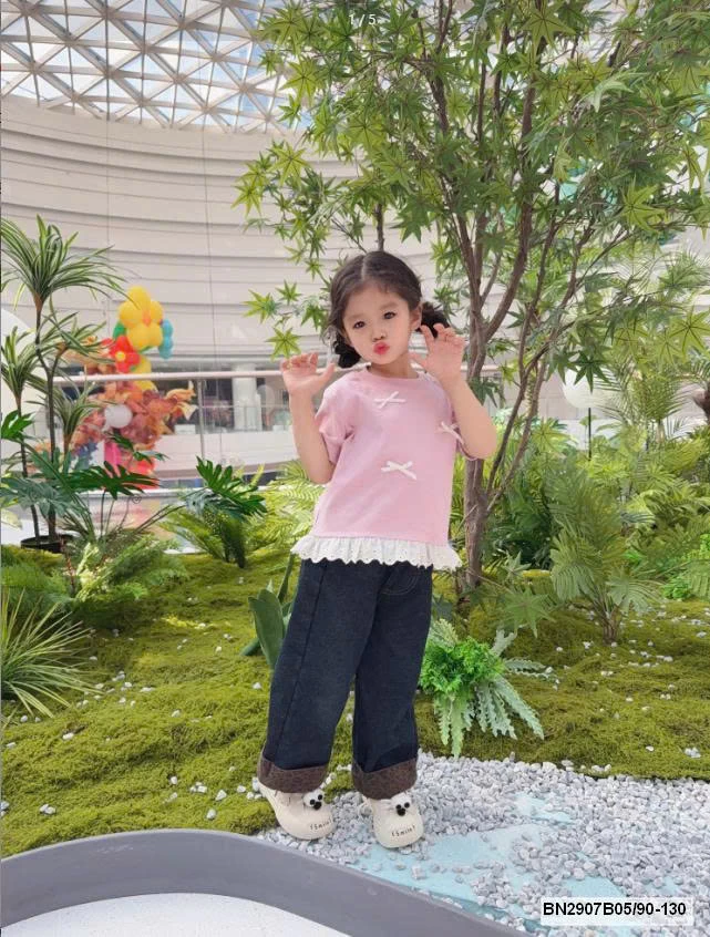 ÁO THUN BÉ GÁI NƠ XINH PHỐI REN