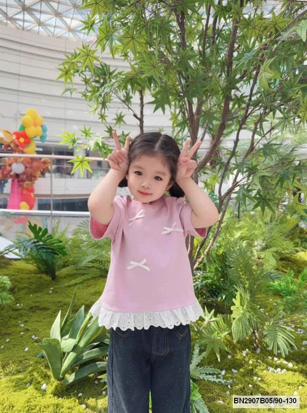 ÁO THUN BÉ GÁI NƠ XINH PHỐI REN