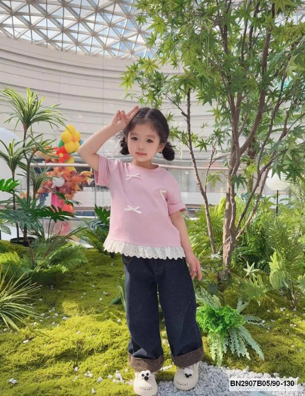 ÁO THUN BÉ GÁI NƠ XINH PHỐI REN