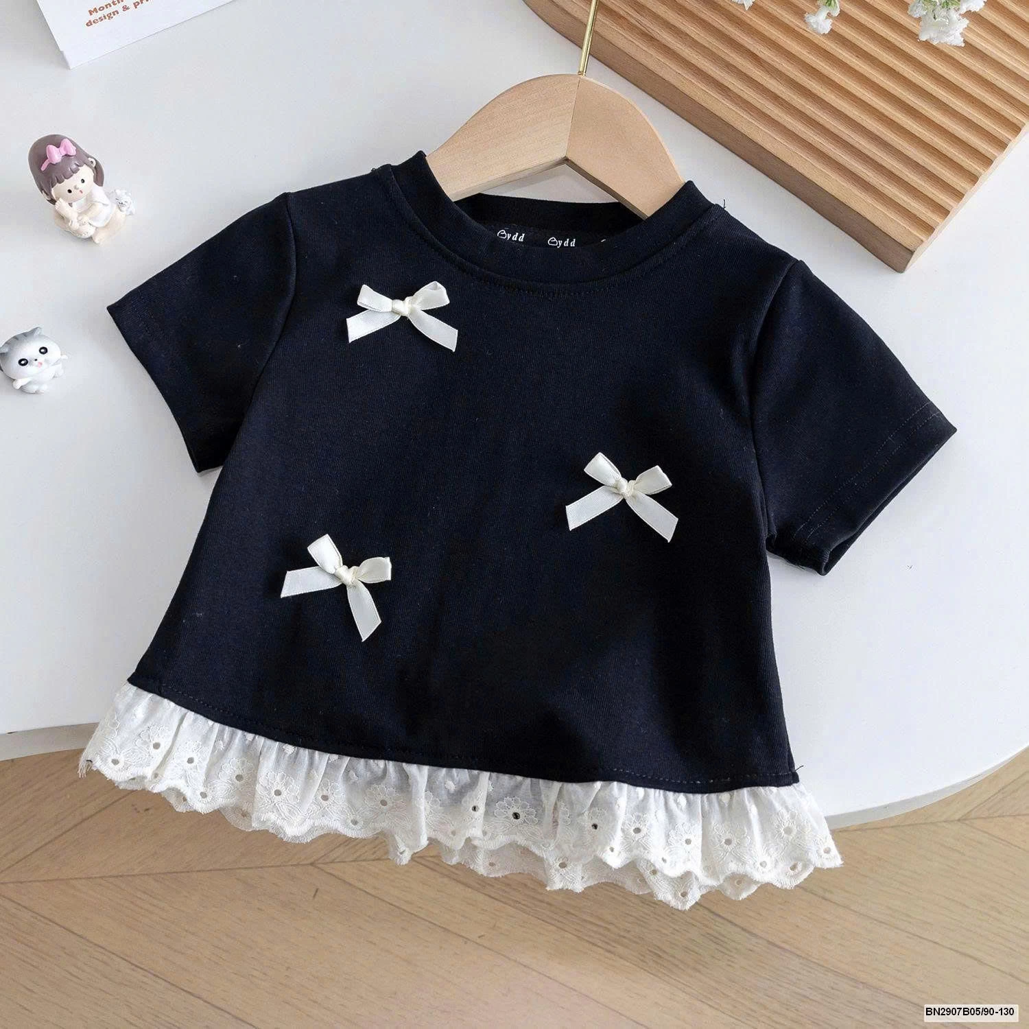 ÁO THUN BÉ GÁI NƠ XINH PHỐI REN