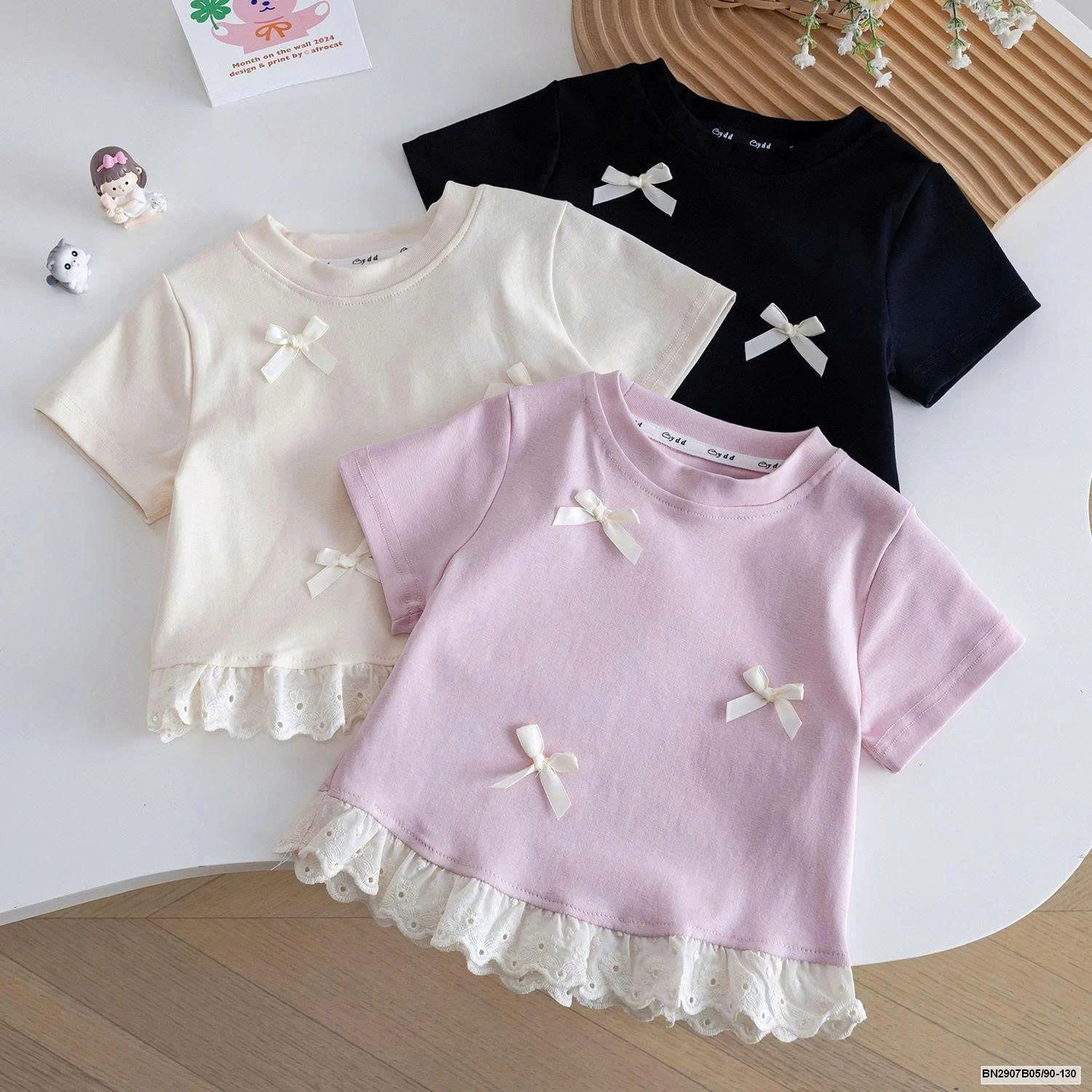 ÁO THUN BÉ GÁI NƠ XINH PHỐI REN