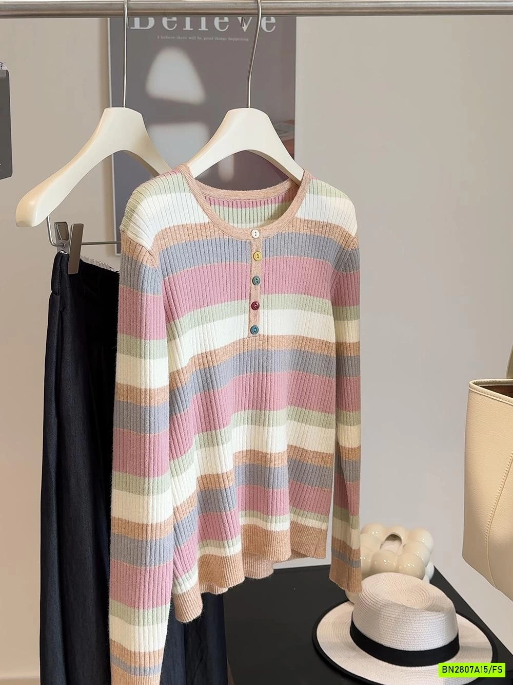 ÁO LEN KẺ SẮC MÀU CÚC NGỰC ANNA