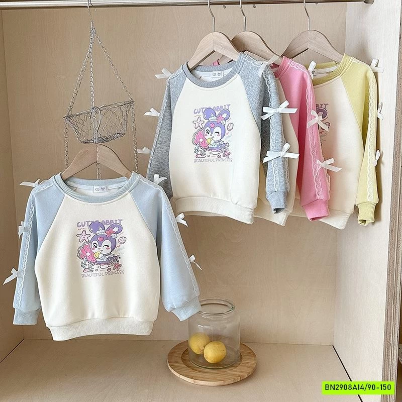 ÁO NỈ PHỐI MÀU TAY GẮN NƠ BÉ GÁI