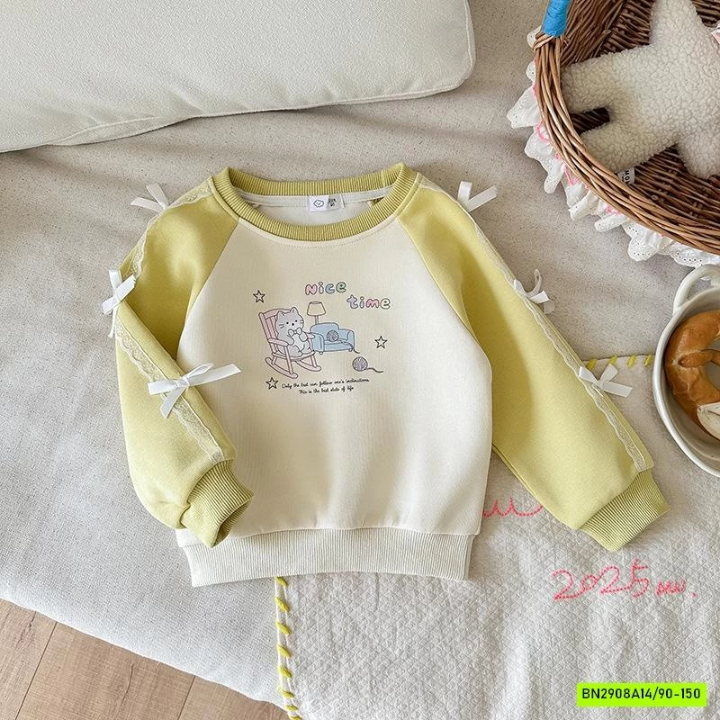 ÁO NỈ PHỐI MÀU TAY GẮN NƠ BÉ GÁI