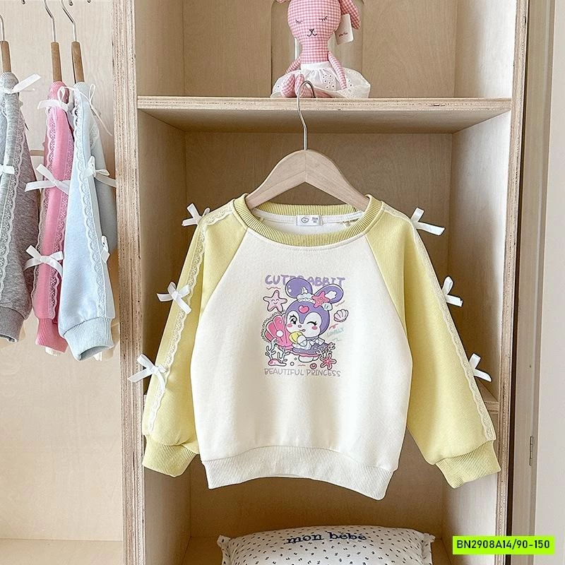 ÁO NỈ PHỐI MÀU TAY GẮN NƠ BÉ GÁI