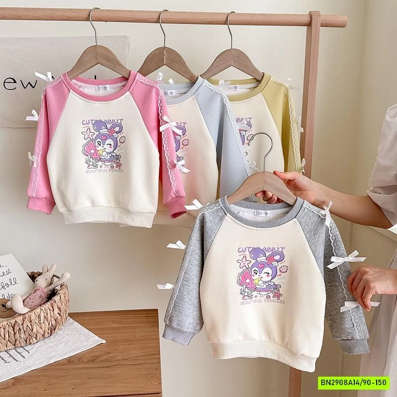 ÁO NỈ PHỐI MÀU TAY GẮN NƠ BÉ GÁI