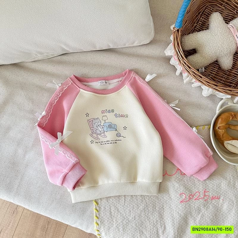 ÁO NỈ PHỐI MÀU TAY GẮN NƠ BÉ GÁI