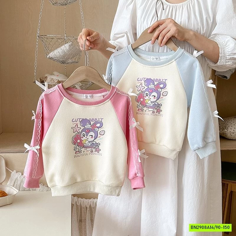 ÁO NỈ PHỐI MÀU TAY GẮN NƠ BÉ GÁI