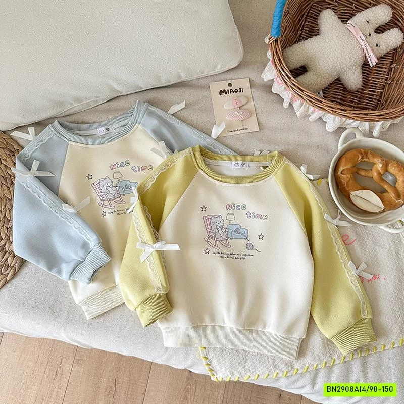 ÁO NỈ PHỐI MÀU TAY GẮN NƠ BÉ GÁI