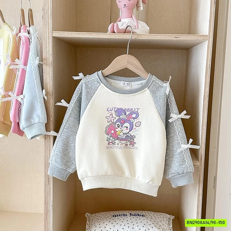 ÁO NỈ PHỐI MÀU TAY GẮN NƠ BÉ GÁI