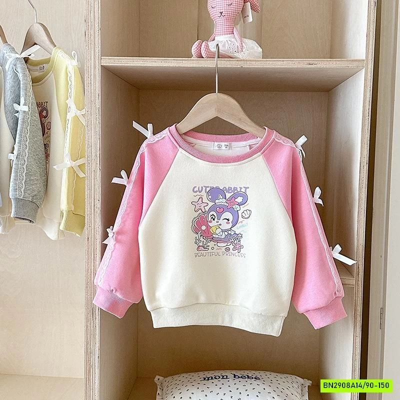 ÁO NỈ PHỐI MÀU TAY GẮN NƠ BÉ GÁI