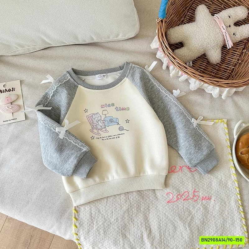 ÁO NỈ PHỐI MÀU TAY GẮN NƠ BÉ GÁI