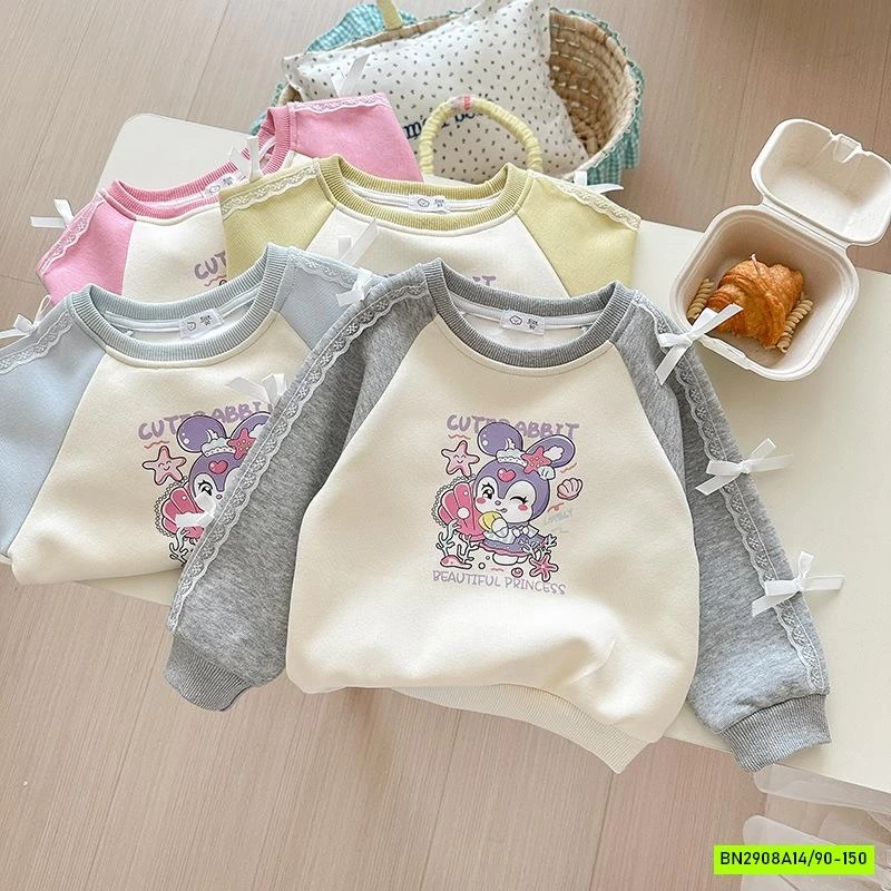 ÁO NỈ PHỐI MÀU TAY GẮN NƠ BÉ GÁI