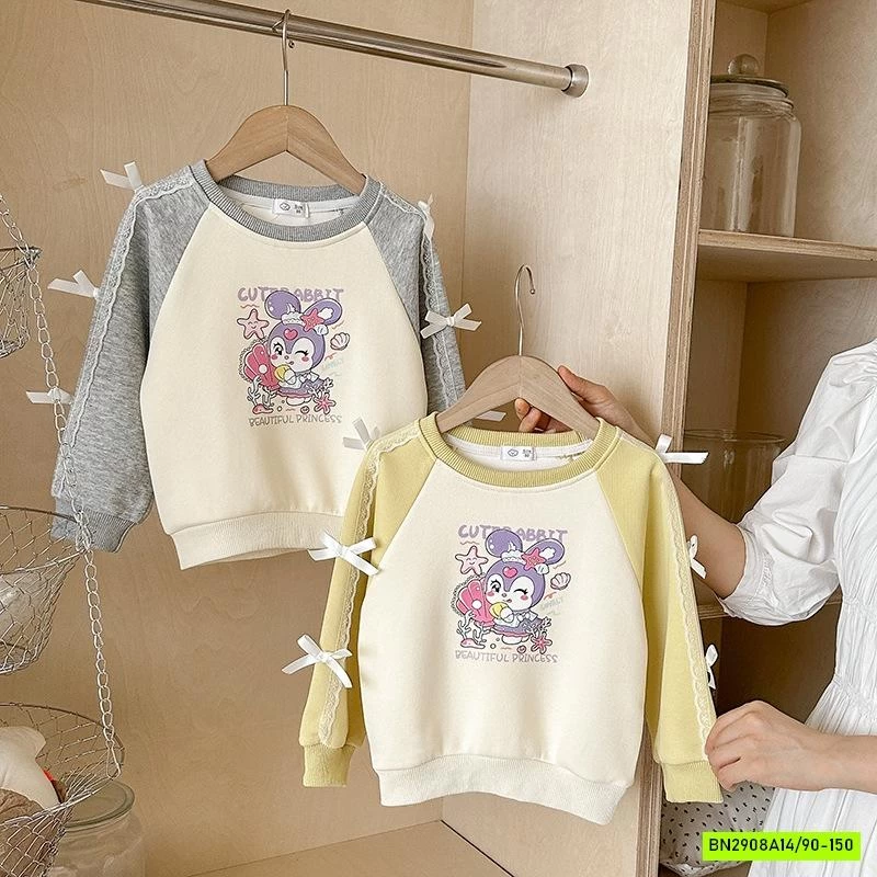 ÁO NỈ PHỐI MÀU TAY GẮN NƠ BÉ GÁI