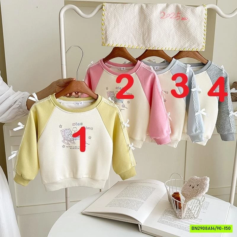 ÁO NỈ PHỐI MÀU TAY GẮN NƠ BÉ GÁI