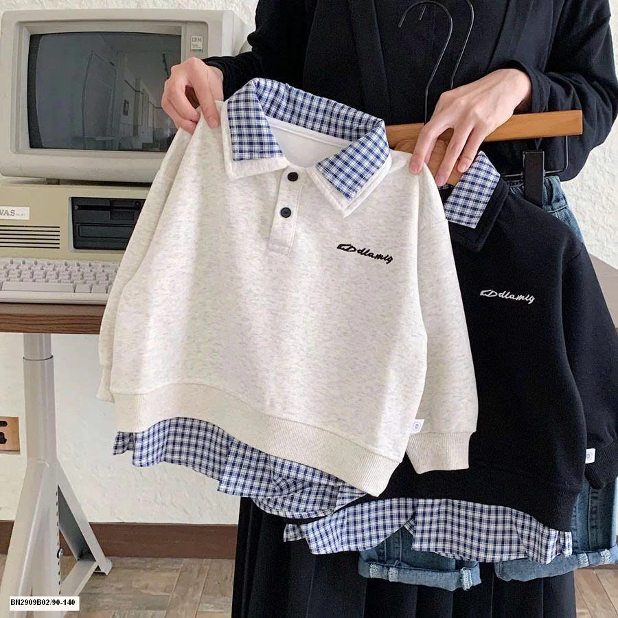 Áo nỉ phối sơ mi kẻ caro