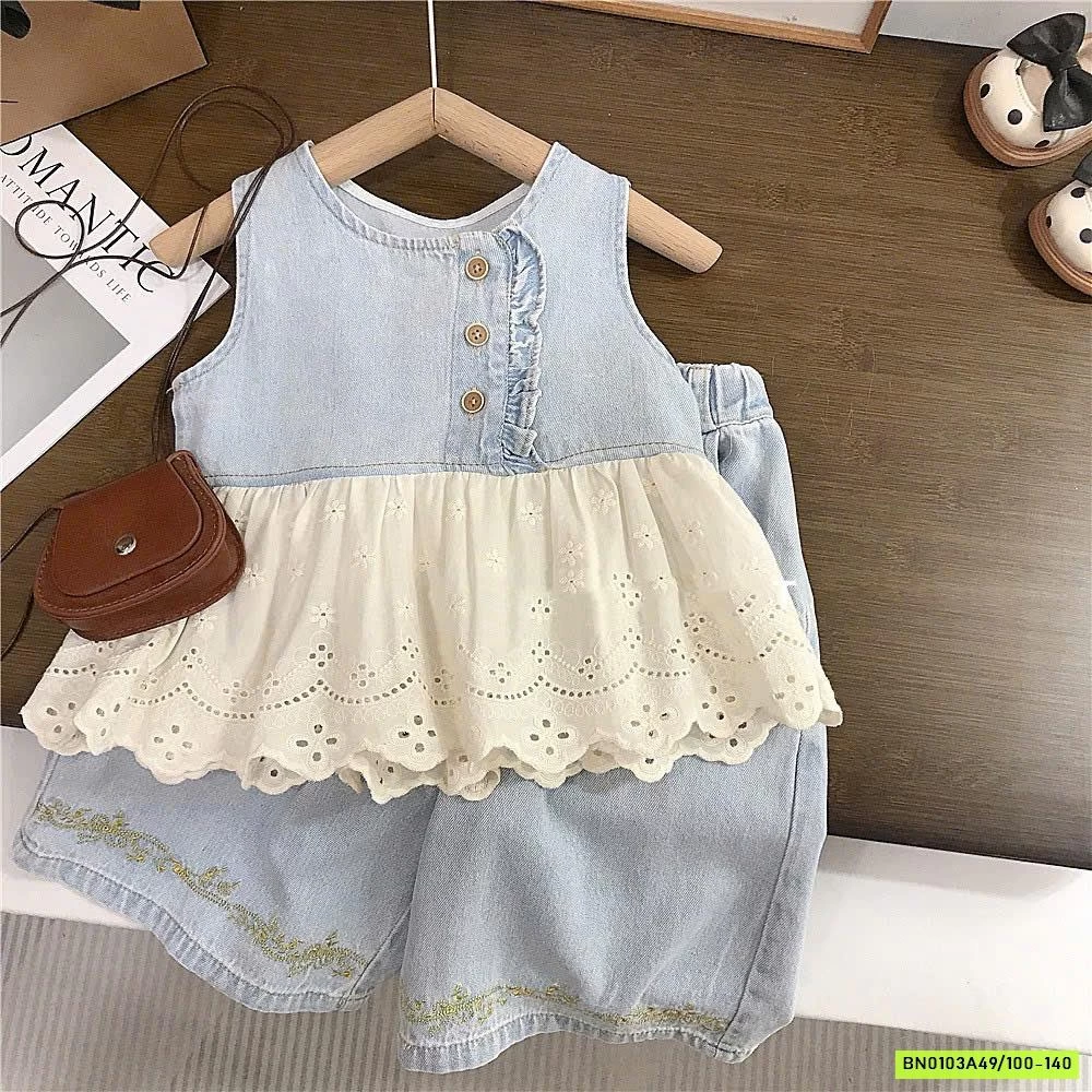 SÉT DENIM ỐNG RỘNG PHỐI REN