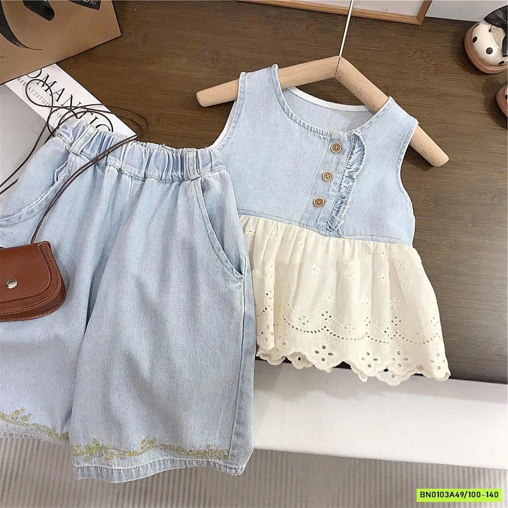 SÉT DENIM ỐNG RỘNG PHỐI REN