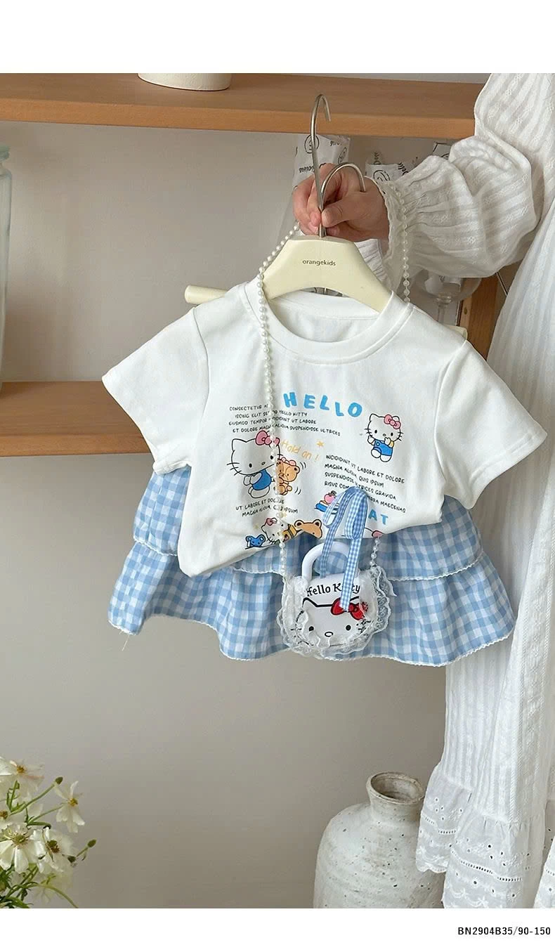 SET ÁO PHÔNG HELLO MIX CHÂN VÁY CARO BÉ GÁI