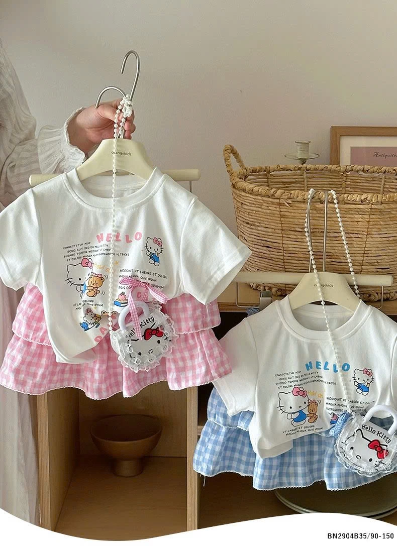 SET ÁO PHÔNG HELLO MIX CHÂN VÁY CARO BÉ GÁI