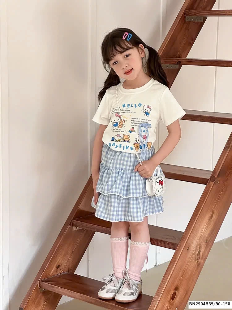SET ÁO PHÔNG HELLO MIX CHÂN VÁY CARO BÉ GÁI