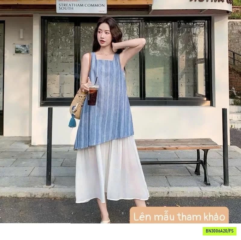 VÁY SÁT NÁCH PHỐI KẺ XANH NHÀ #ANNA