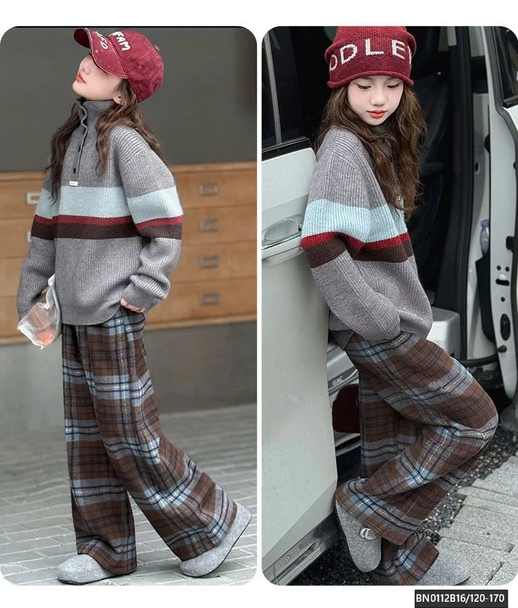 SÉT ÁO LEN KẺ PHỐI MÀU MIX QUẦN DẠ CARO