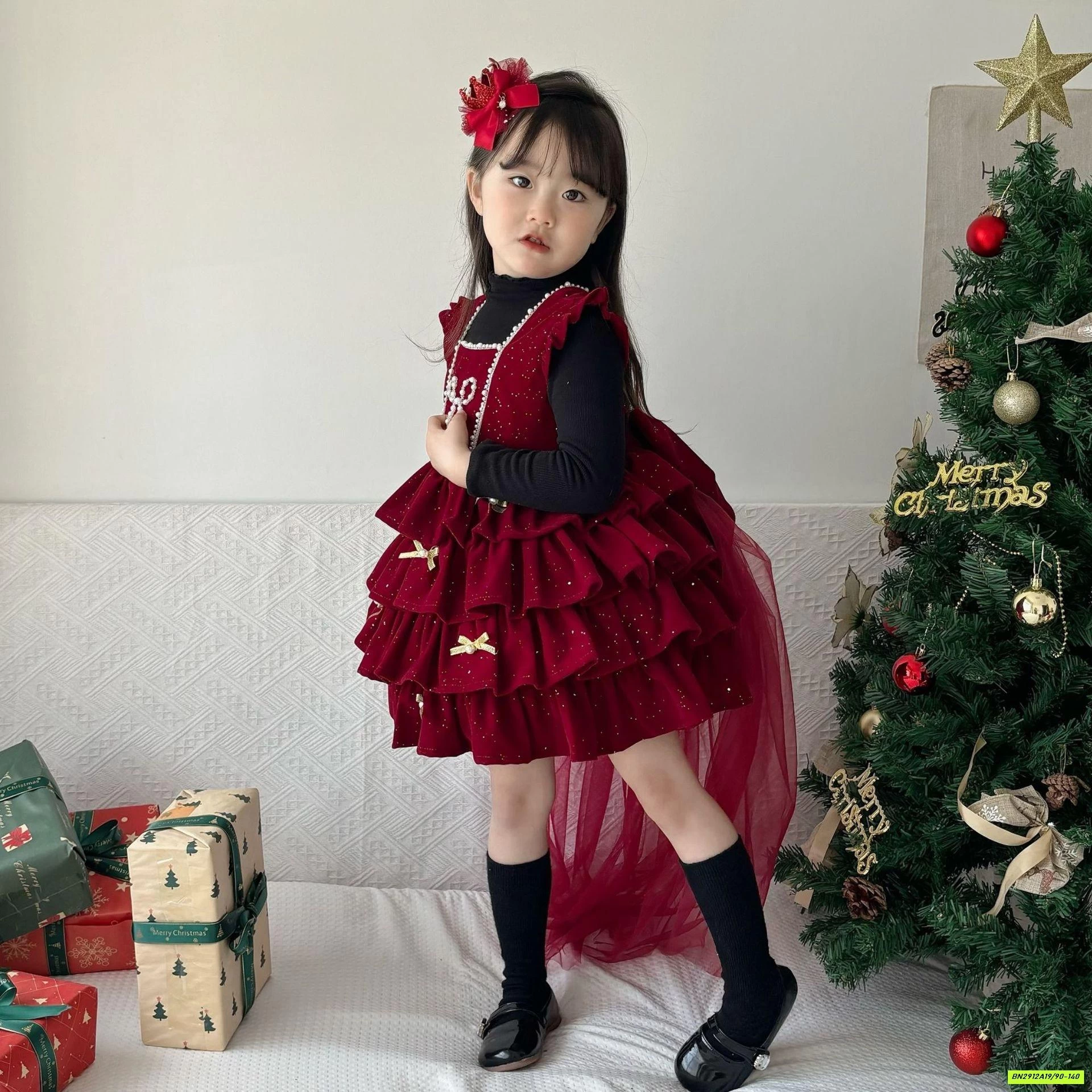 ĐẦM NHUNG ĐỎ XẾP TẦNG KÈM NƠ VOAN LÓT NHUNG