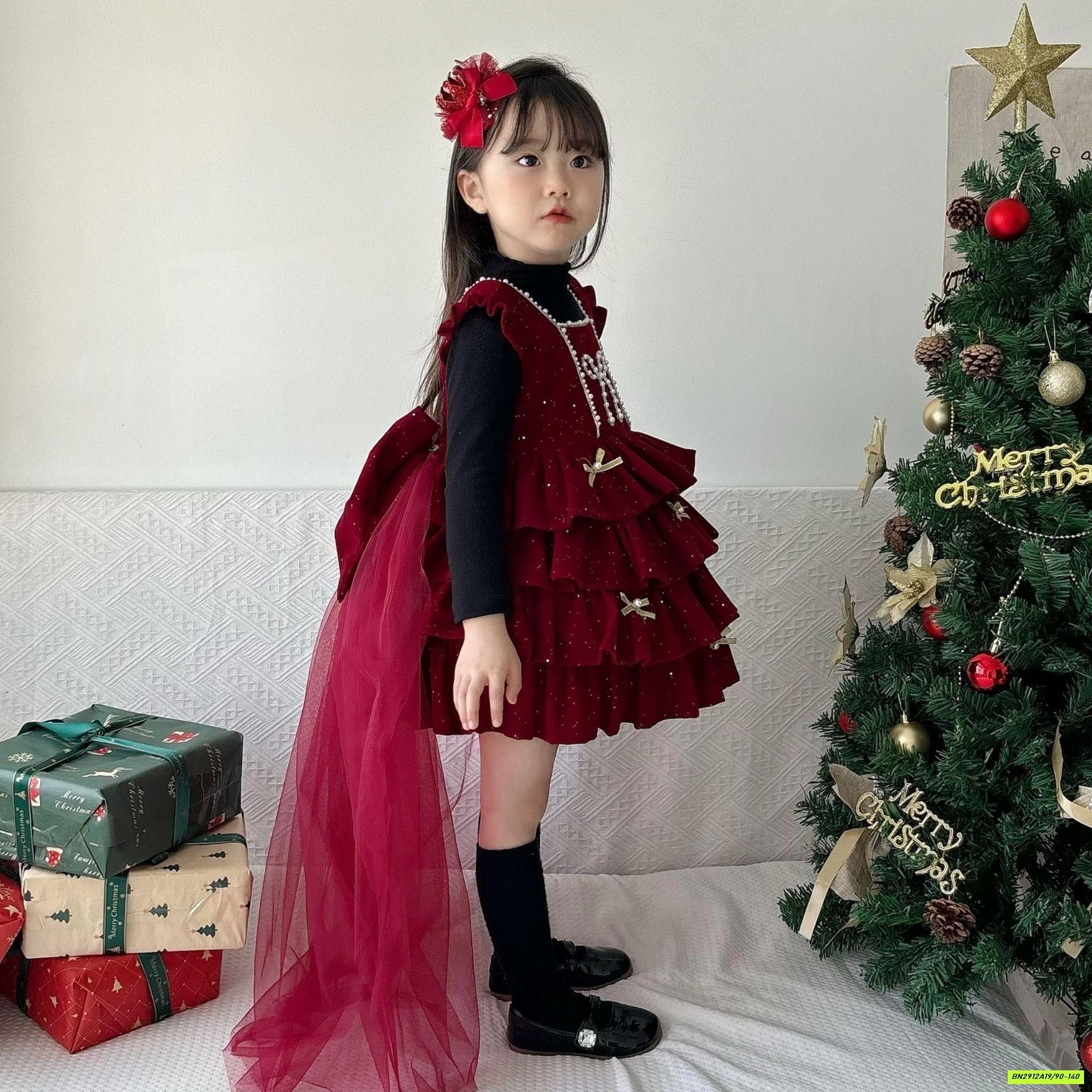 ĐẦM NHUNG ĐỎ XẾP TẦNG KÈM NƠ VOAN LÓT NHUNG