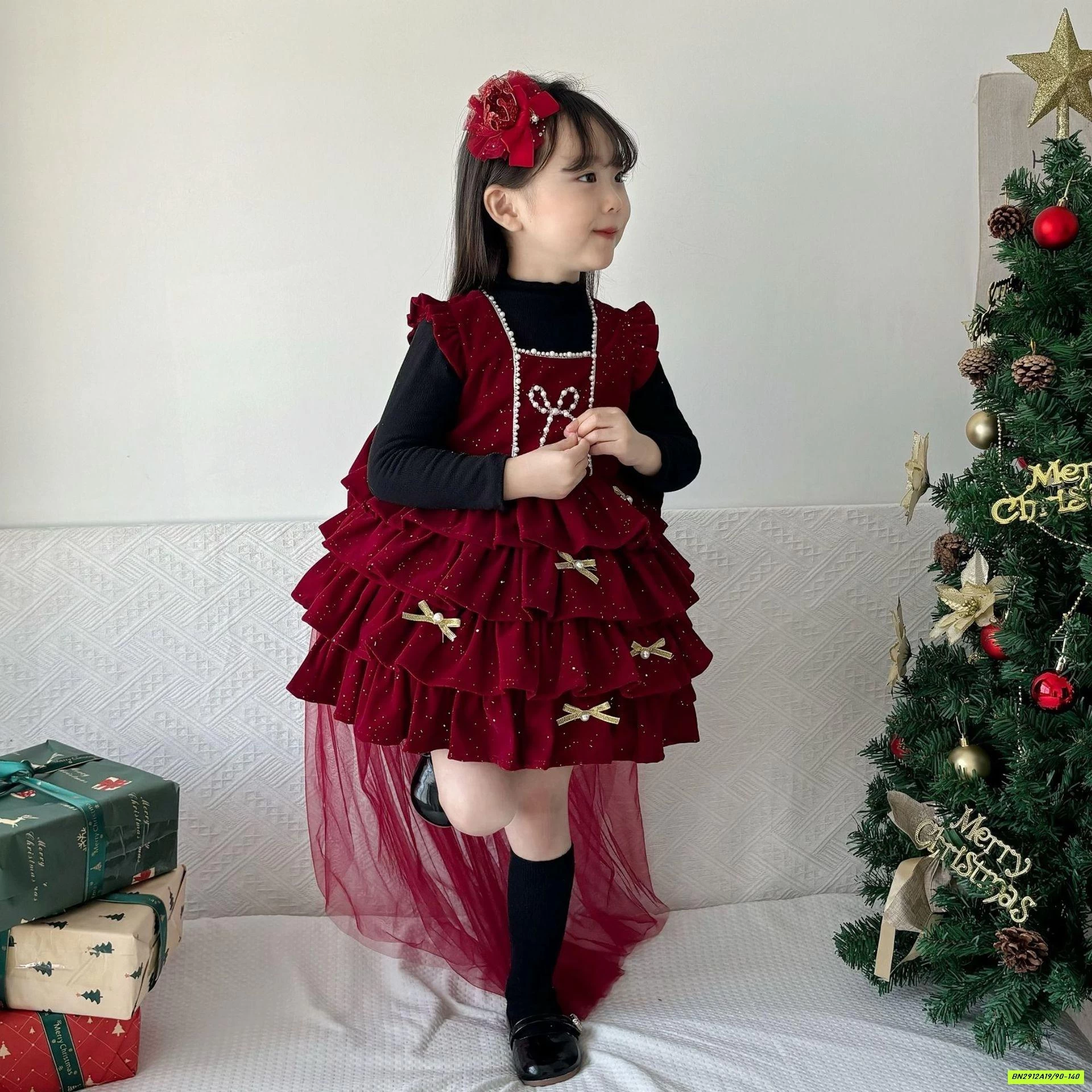 ĐẦM NHUNG ĐỎ XẾP TẦNG KÈM NƠ VOAN LÓT NHUNG