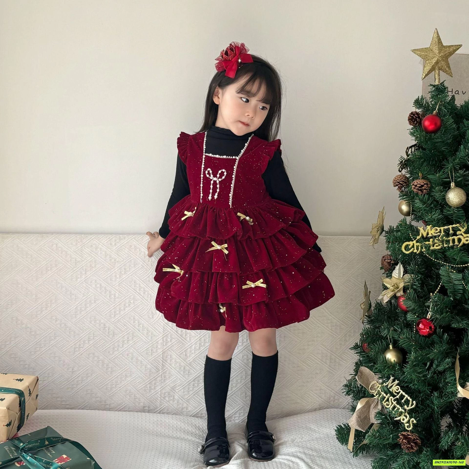 ĐẦM NHUNG ĐỎ XẾP TẦNG KÈM NƠ VOAN LÓT NHUNG