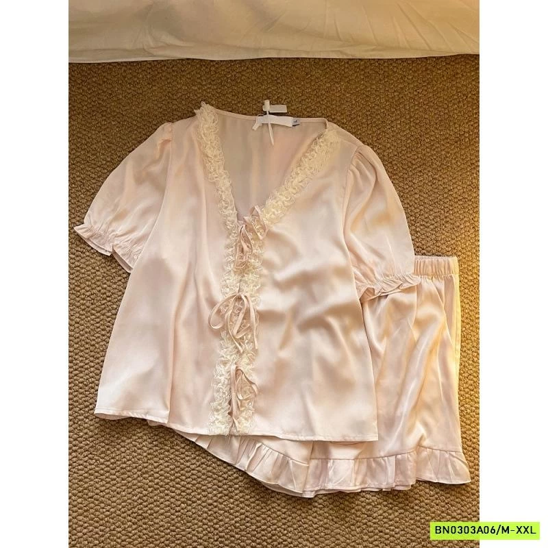 BỘ NGỦ LỤA HỒNG VIỀN REN