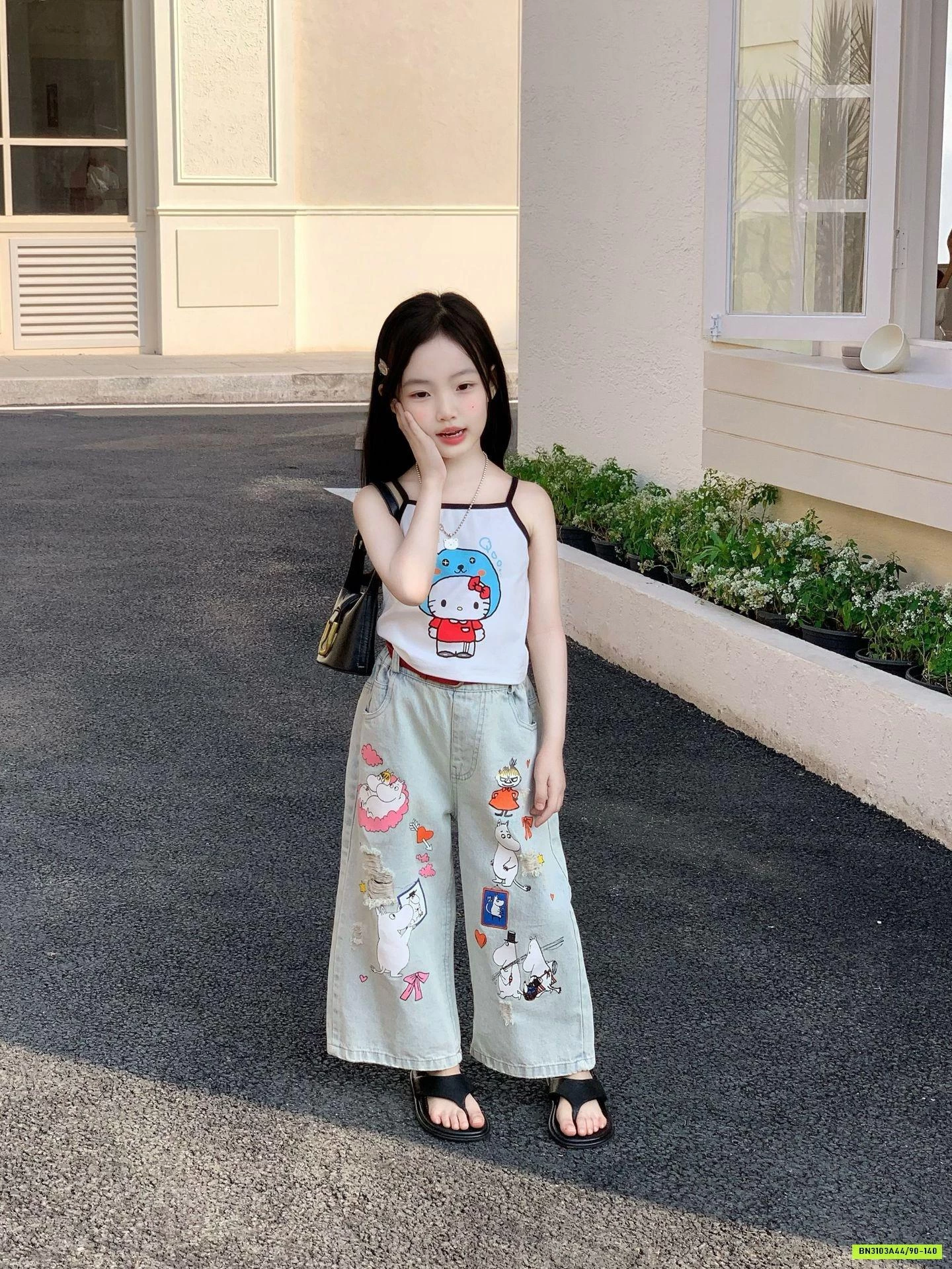 ÁO 2 DÂY KITTY MIX JEANS SUÔNG HỌA TIẾT