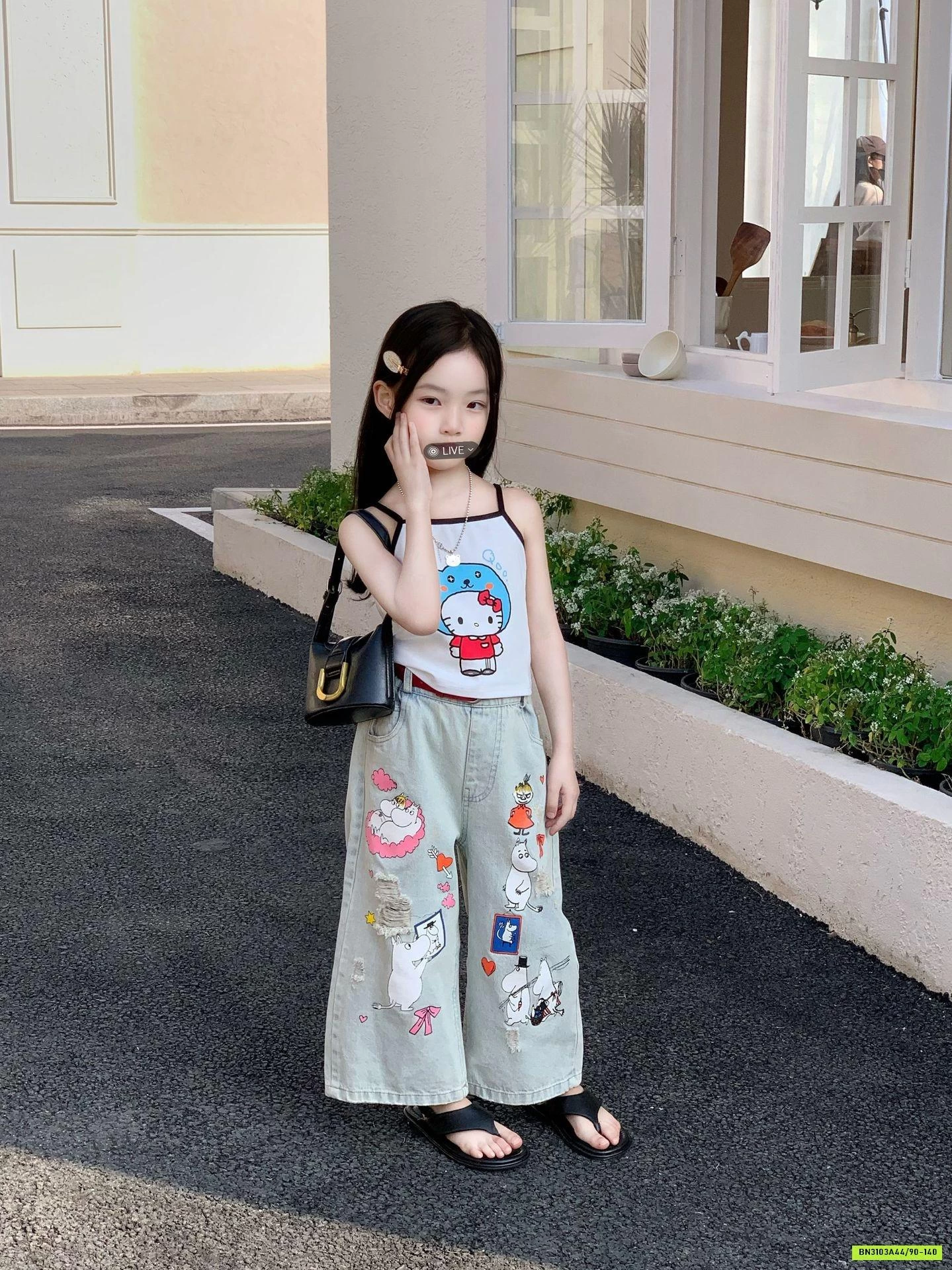 ÁO 2 DÂY KITTY MIX JEANS SUÔNG HỌA TIẾT