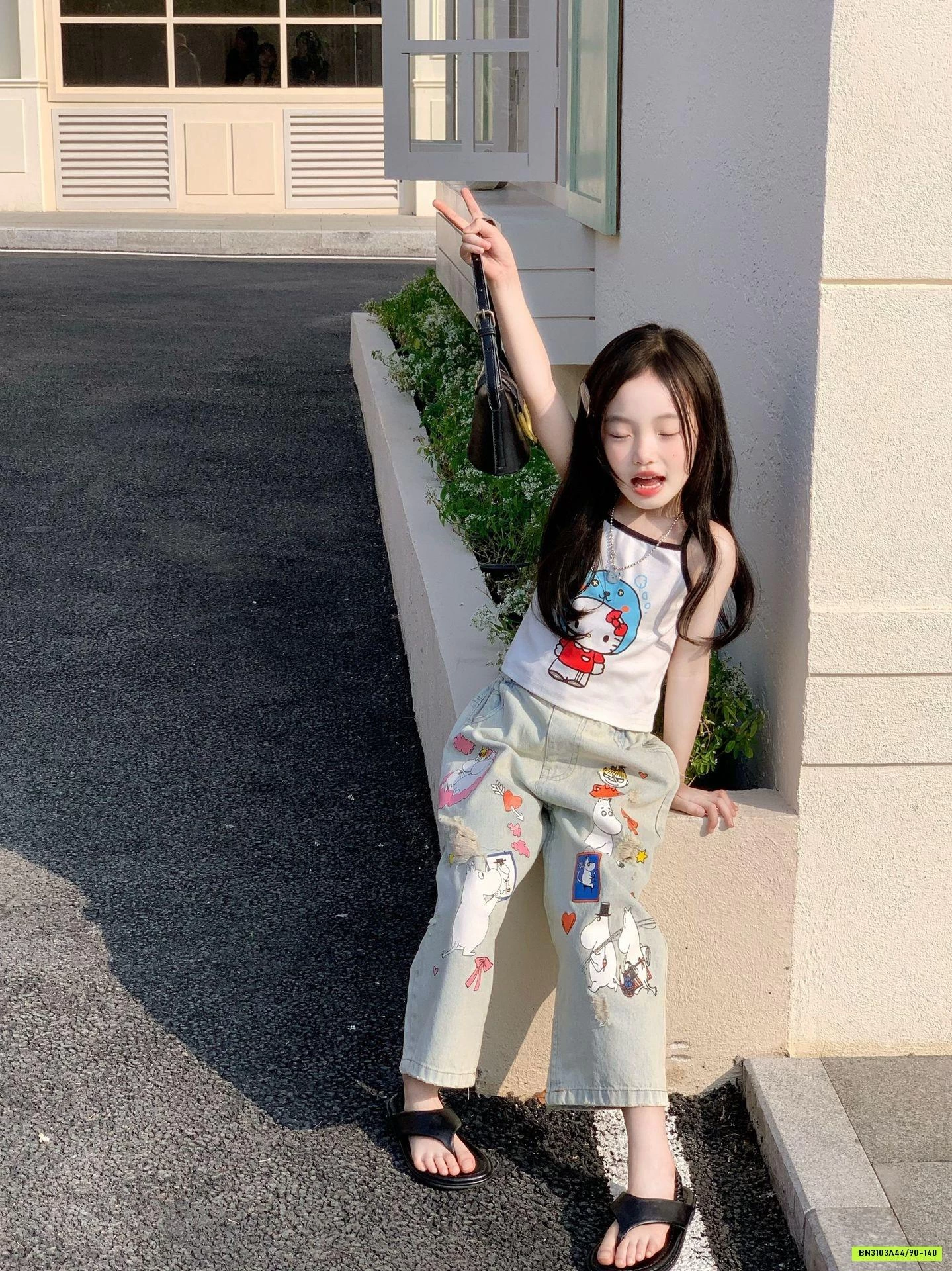 ÁO 2 DÂY KITTY MIX JEANS SUÔNG HỌA TIẾT