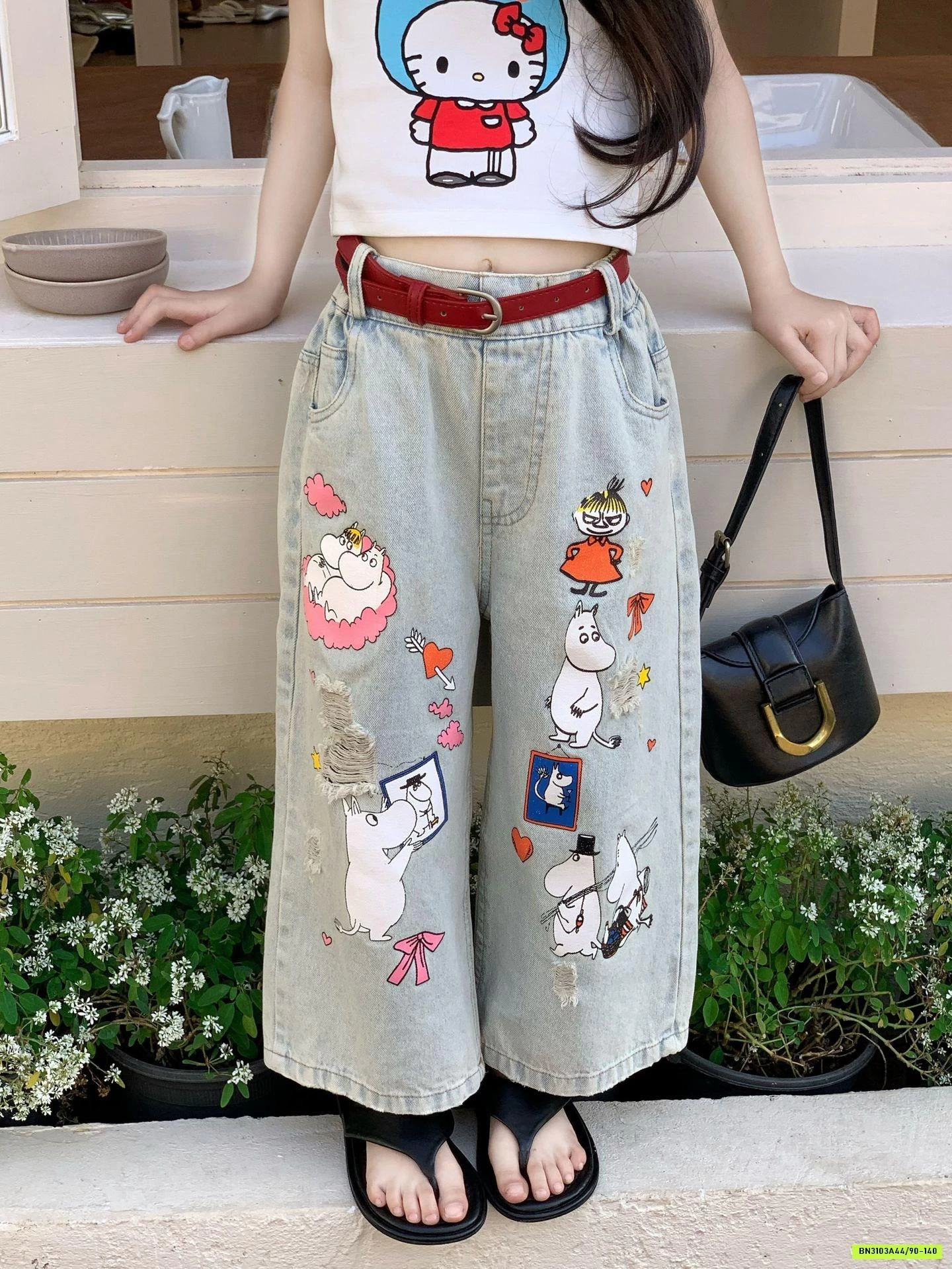 ÁO 2 DÂY KITTY MIX JEANS SUÔNG HỌA TIẾT