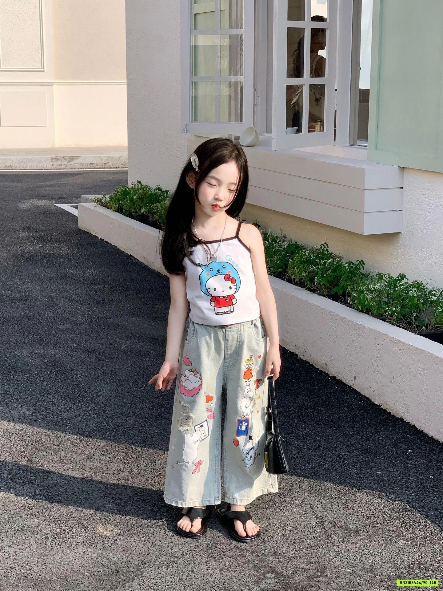 ÁO 2 DÂY KITTY MIX JEANS SUÔNG HỌA TIẾT