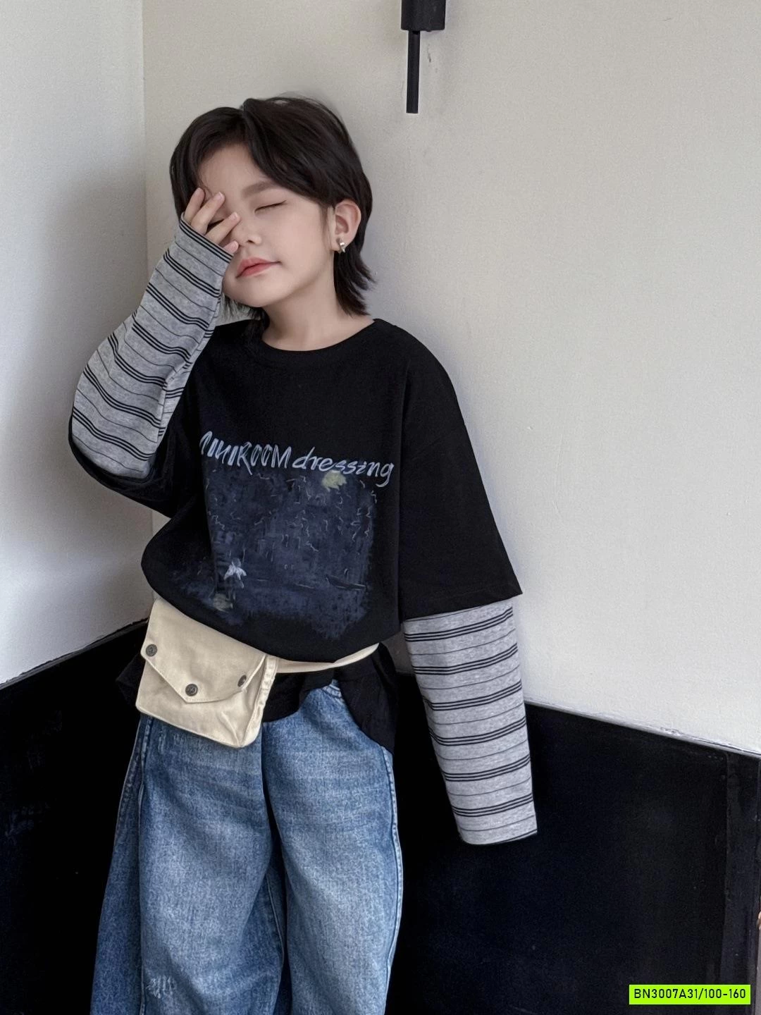 ÁO THUN GIẢ 2 LỚP PHỐI TAY KẺ