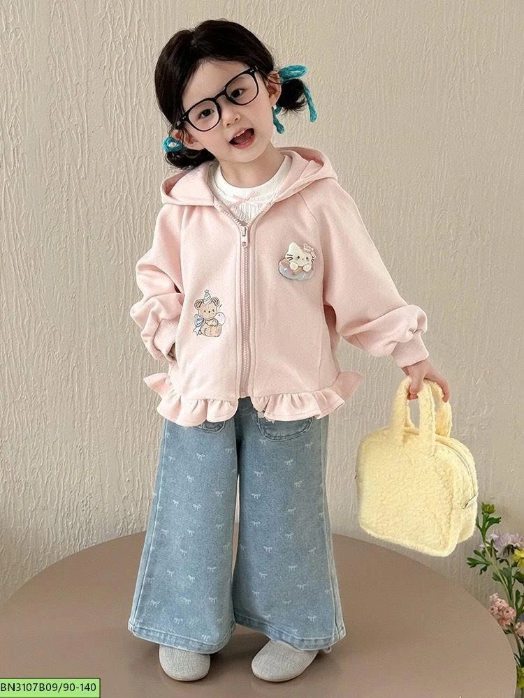 ÁO KHOÁC NỈ BÈO PHỐI QUẦN JEAN ỐNG RỘNG CHO BÉ GÁI