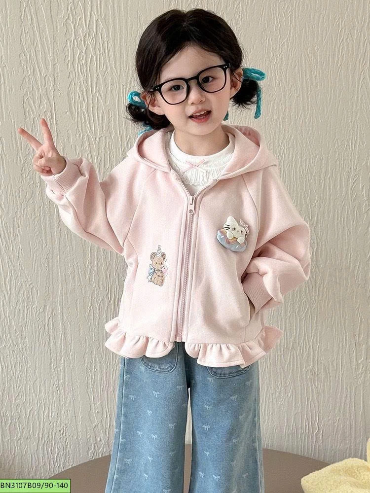 ÁO KHOÁC NỈ BÈO PHỐI QUẦN JEAN ỐNG RỘNG CHO BÉ GÁI