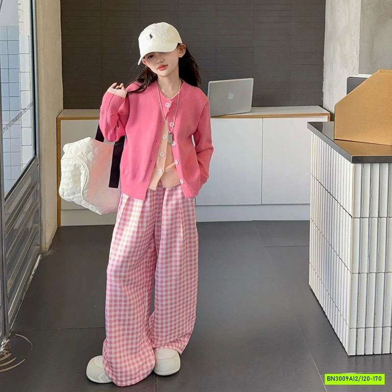 SÉT CARDIGAN MIX QUẦN CARO HỒNG