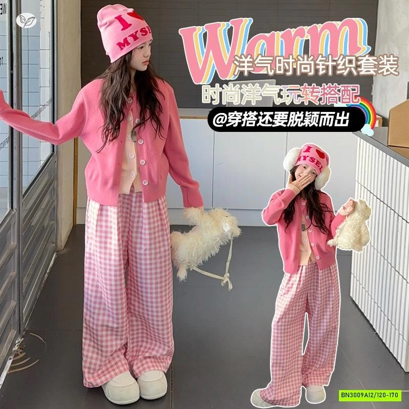 SÉT CARDIGAN MIX QUẦN CARO HỒNG