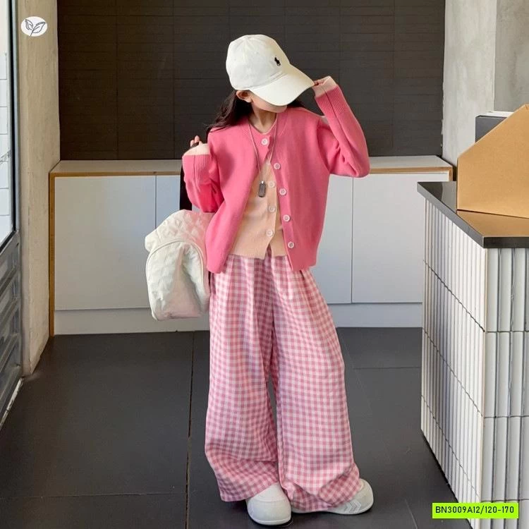 SÉT CARDIGAN MIX QUẦN CARO HỒNG