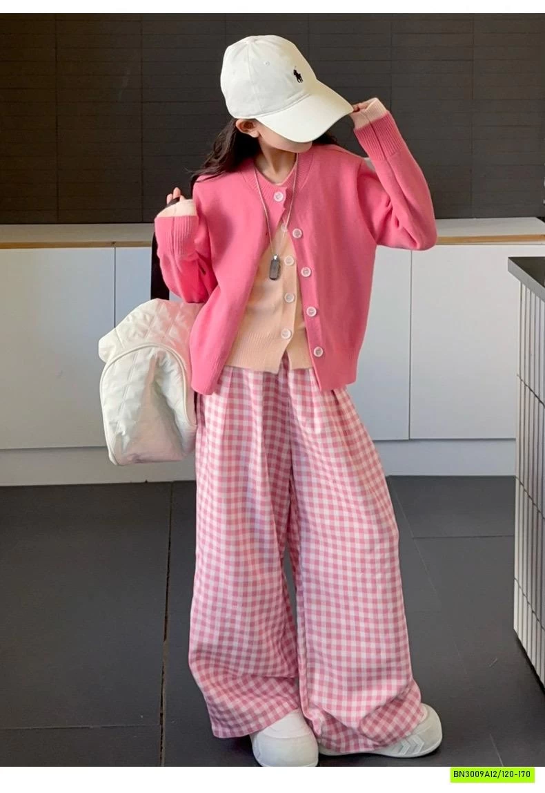 SÉT CARDIGAN MIX QUẦN CARO HỒNG