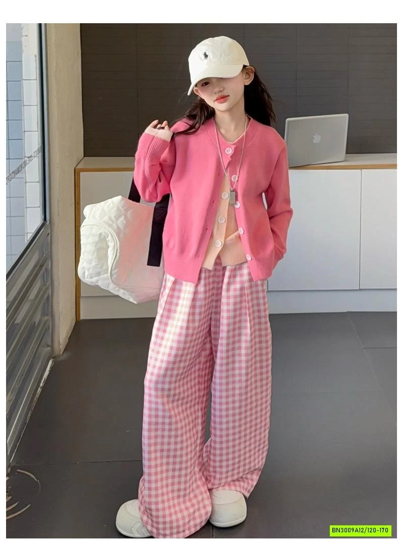 SÉT CARDIGAN MIX QUẦN CARO HỒNG