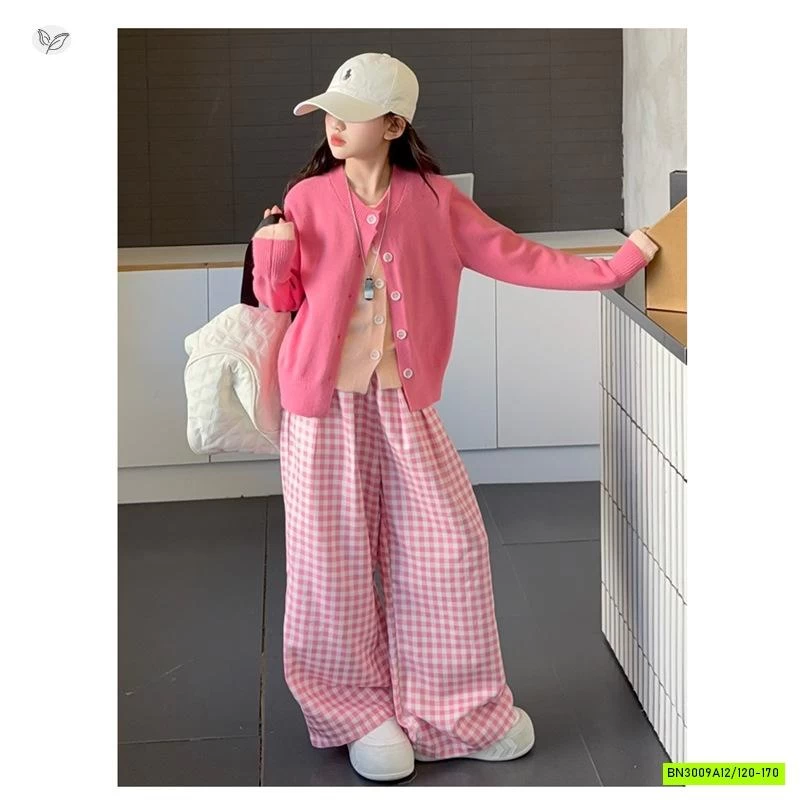 SÉT CARDIGAN MIX QUẦN CARO HỒNG