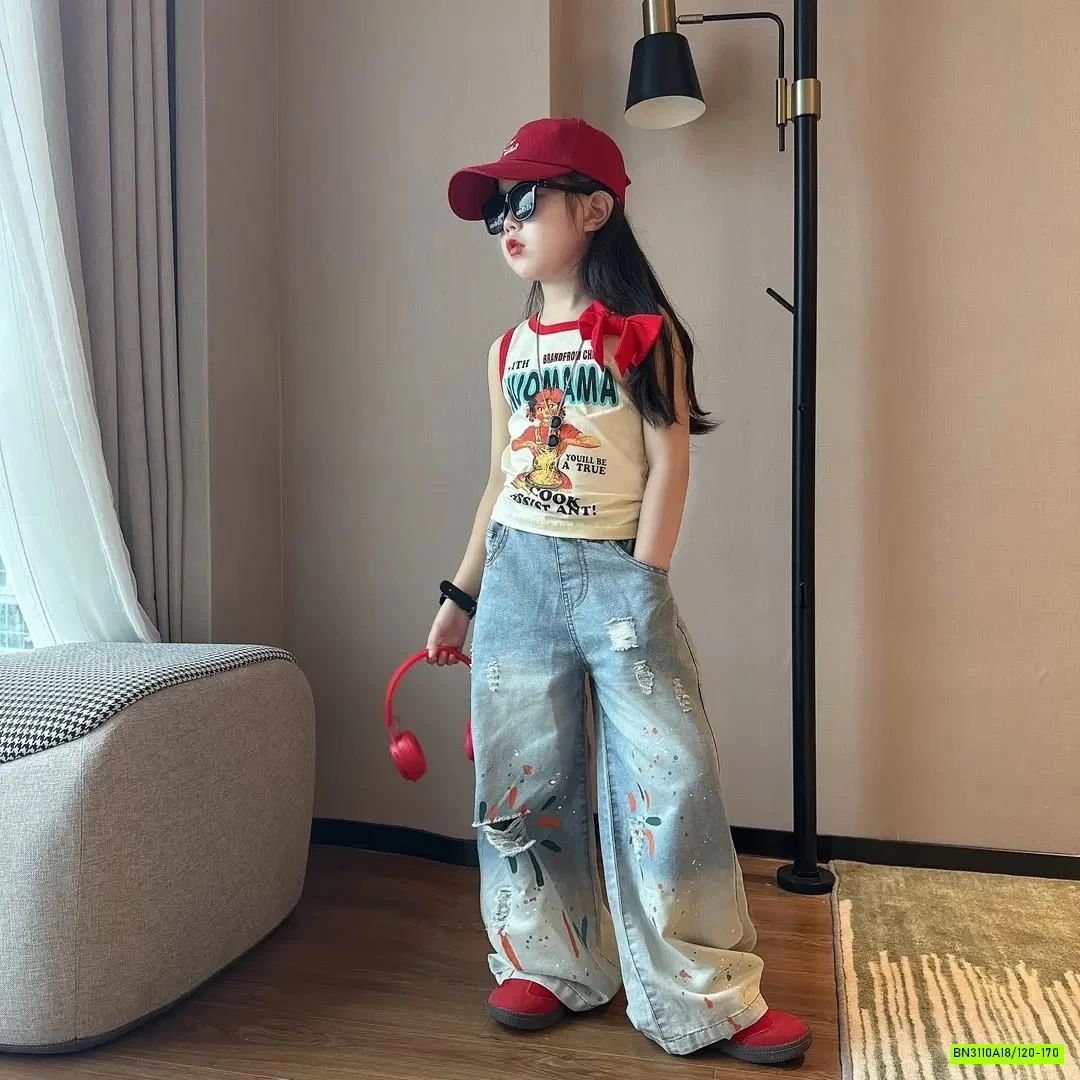 ÁO SÁT NÁCH MIX JEANS SUÔNG IN HÌNH